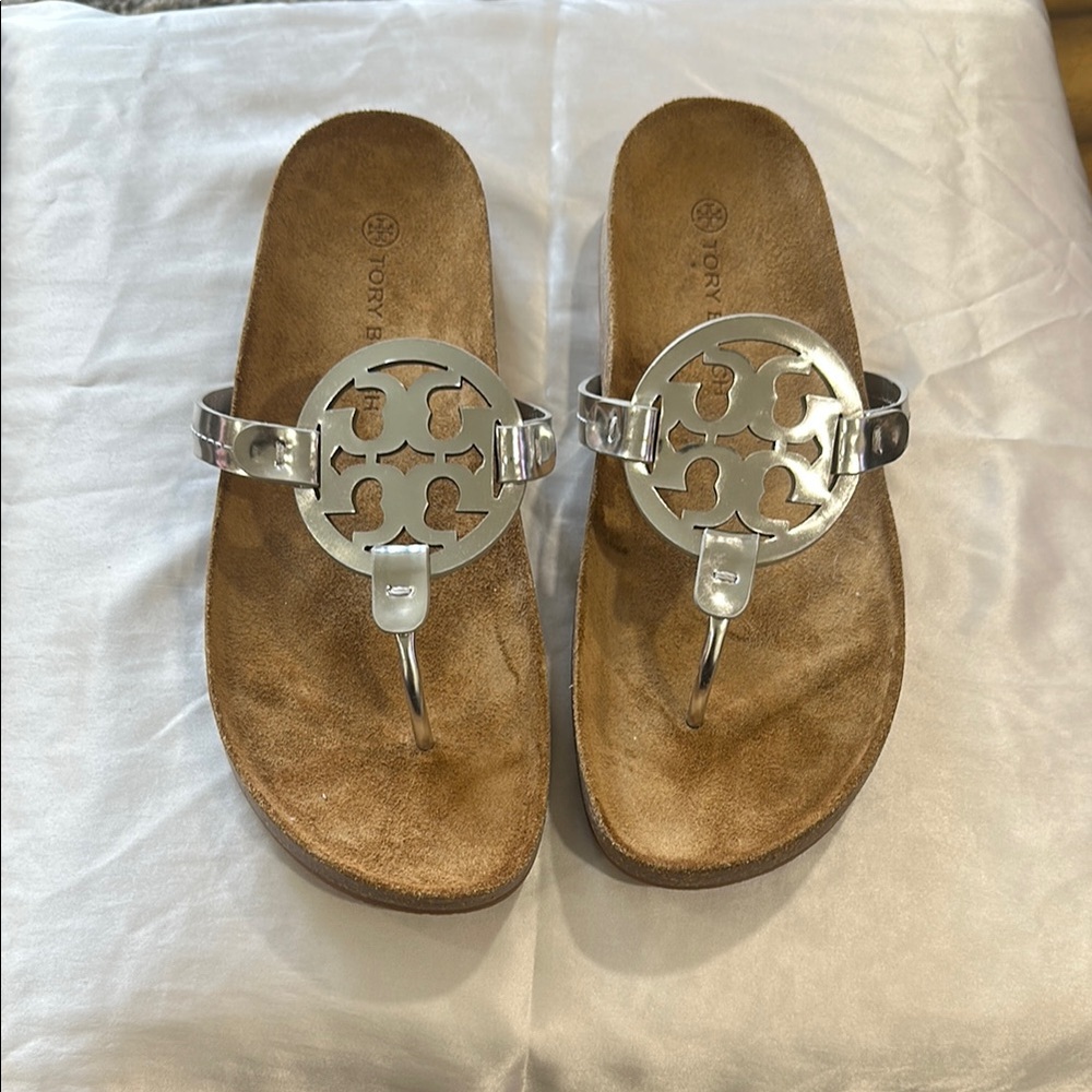 Tory Burch Silver Tan Sandals with Logo